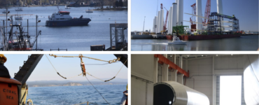 A group of four photos showing various offshore wind and port development activities